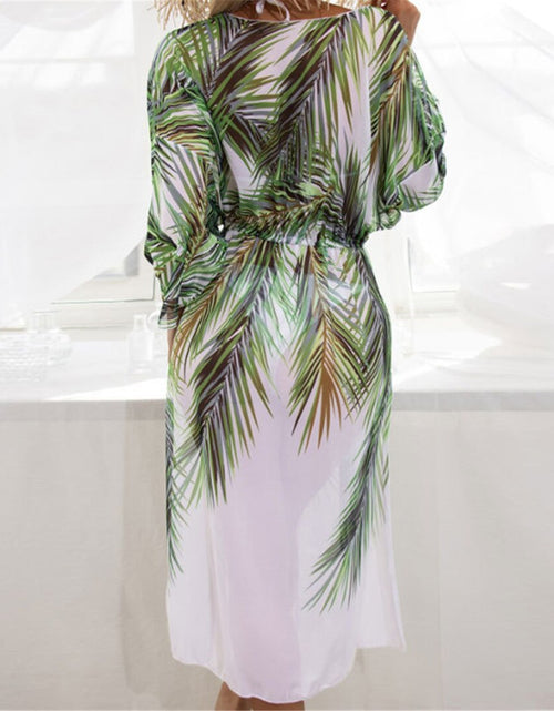 Load image into Gallery viewer, Leaves Printed With Belt Long Sleeve Tunic Beach Cover Up
