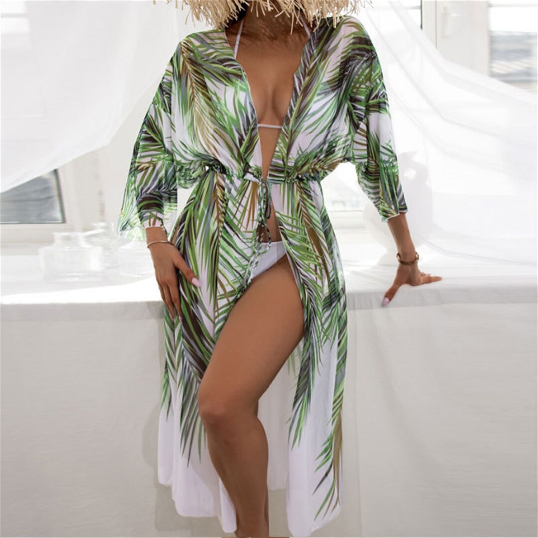 Leaves Printed With Belt Long Sleeve Tunic Beach Cover Up