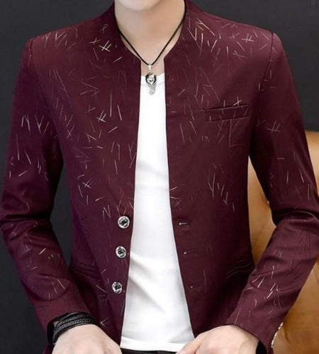 Mens Slim Round Stand Collar Pattern Blazer