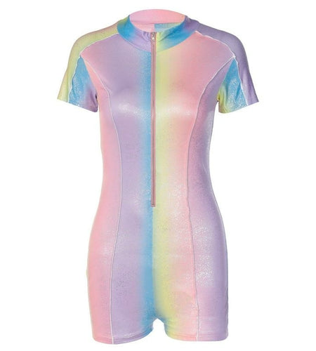 Rainbow Zipper Sporty Sequin Women Playsuits Casual Fashion Short