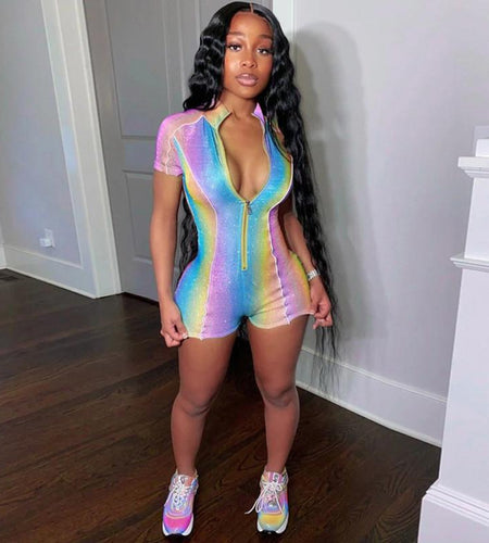 Rainbow Zipper Sporty Sequin Women Playsuits Casual Fashion Short
