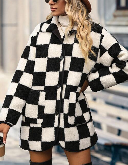 Load image into Gallery viewer, Plus Size Checkered Button Front Coat with Pockets
