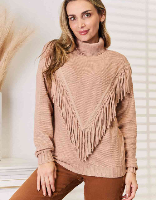 Load image into Gallery viewer, Woven Right Turtleneck Fringe Front Long Sleeve Sweater
