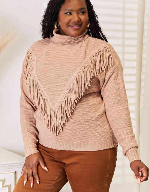 Load image into Gallery viewer, Woven Right Turtleneck Fringe Front Long Sleeve Sweater
