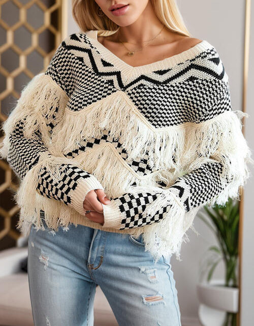 Load image into Gallery viewer, Geometric Fringe Detail V-Neck Sweater
