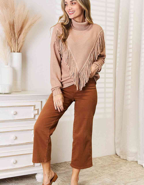 Load image into Gallery viewer, Woven Right Turtleneck Fringe Front Long Sleeve Sweater
